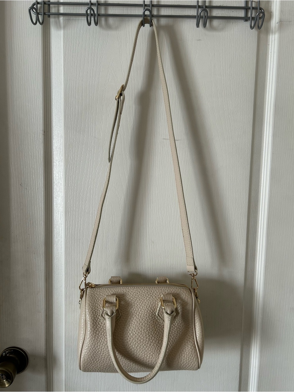 Beige Pebbled Satchel Top Handle Bag Detachable Strap Zip Gold Hardware Small
